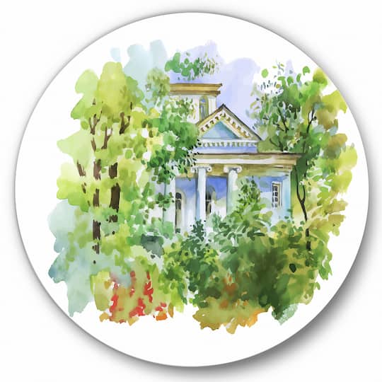 Designart - White House In The Woods - Traditional Metal Circle Wall Art